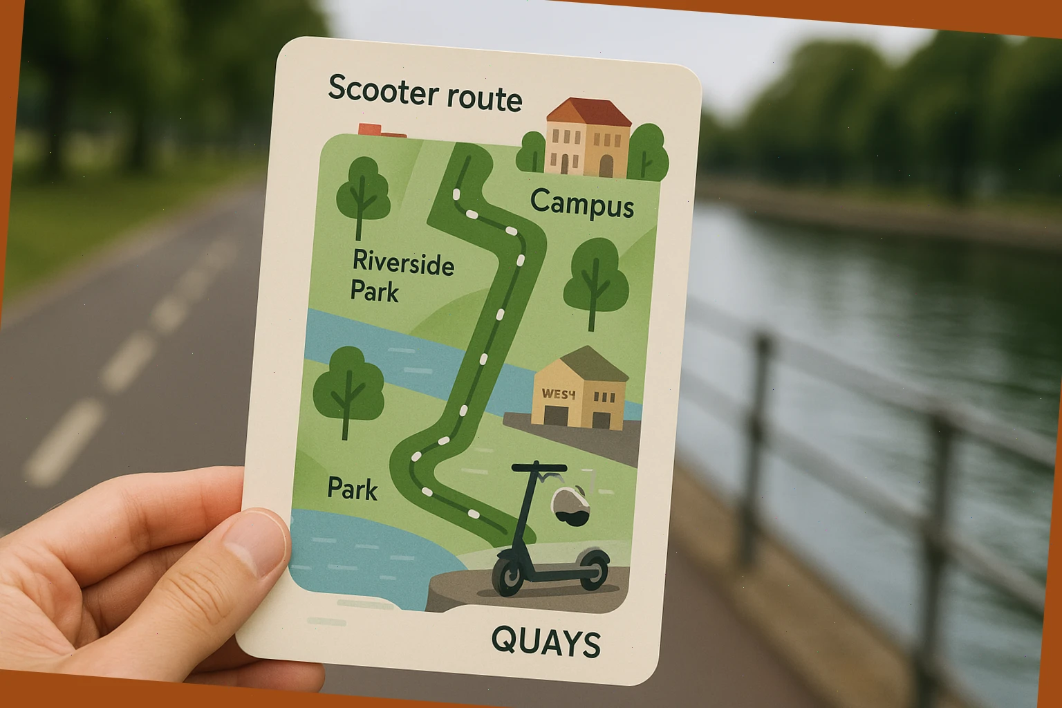 Scooter route card showing links between campus and quays