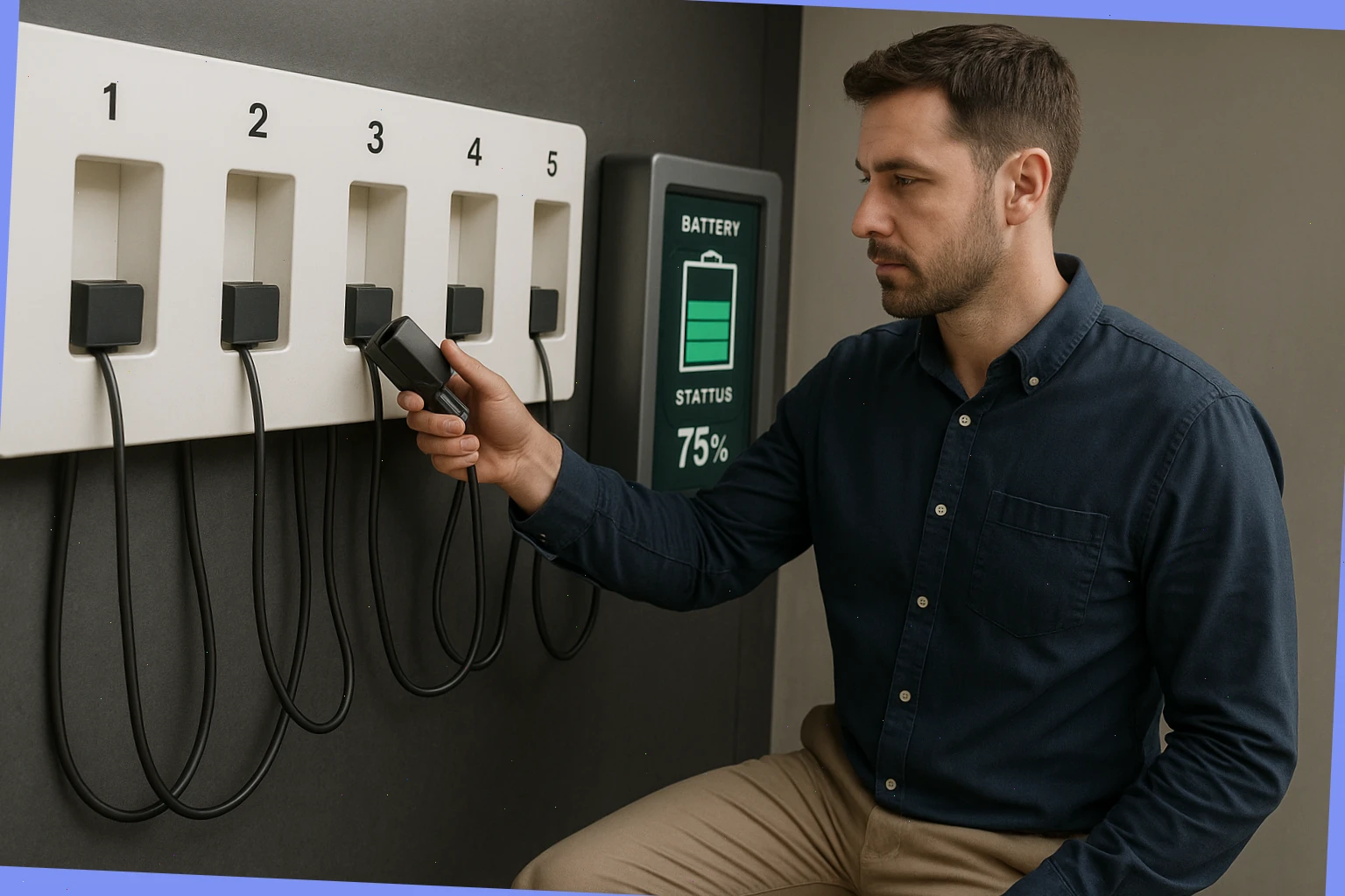 Charging bay with labeled cables and a battery status screen