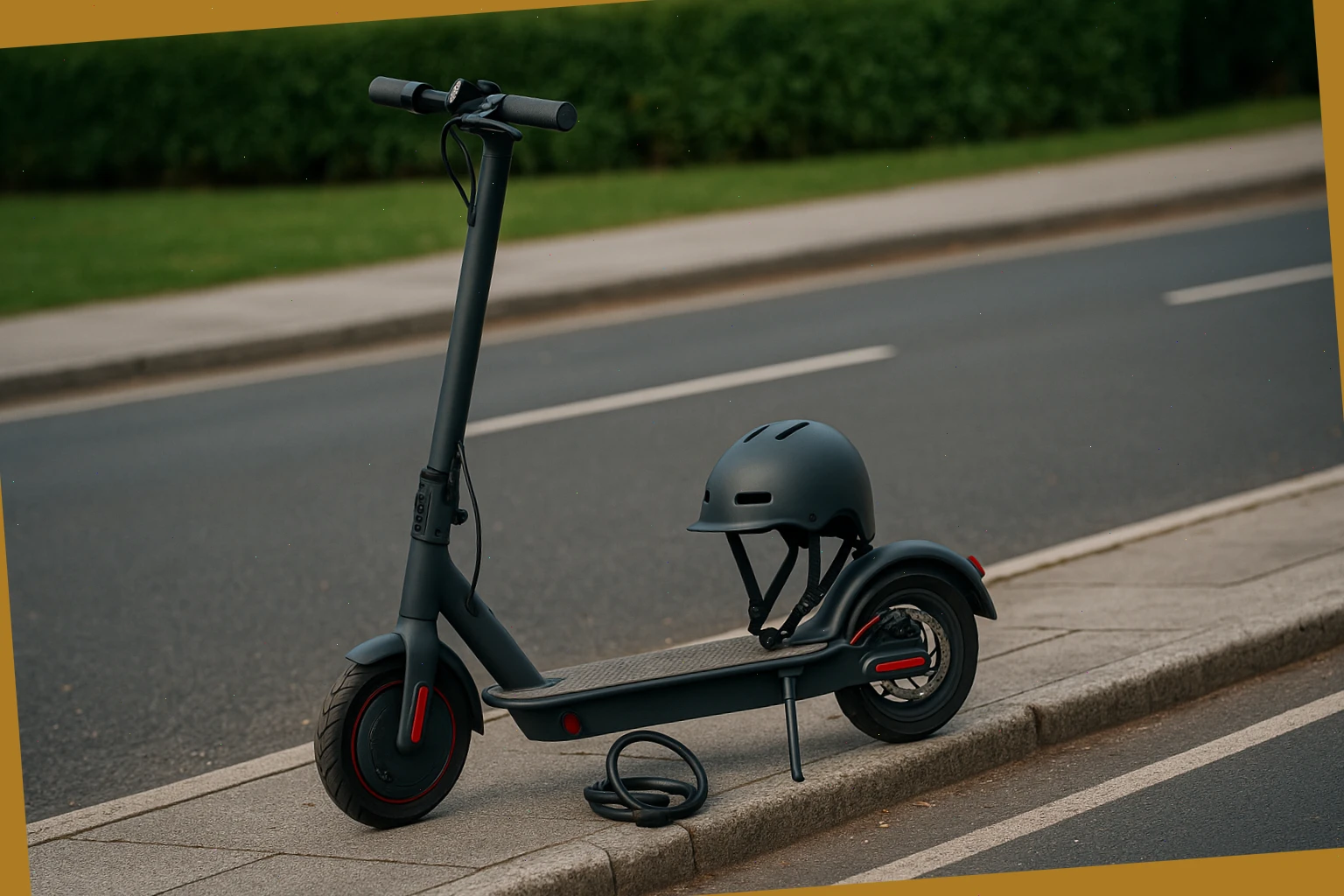 Compact e-scooter ready at a curb with helmet and lock