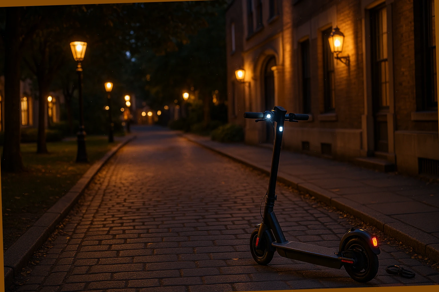 Evening city path with warm lights and a parked scooter
