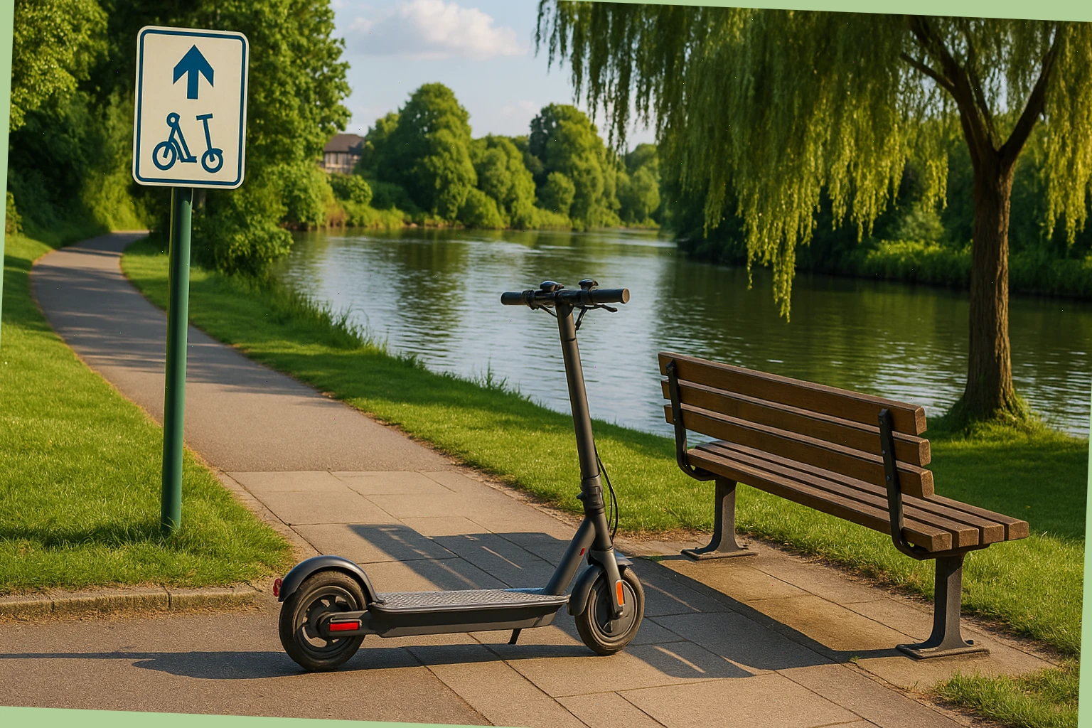Riverside path with signage and a scooter parked beside a bench