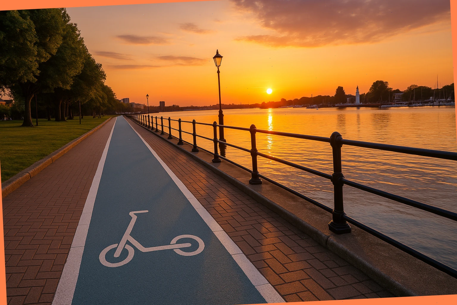 Quayside path in Southampton at sunset with a marked scooter route
