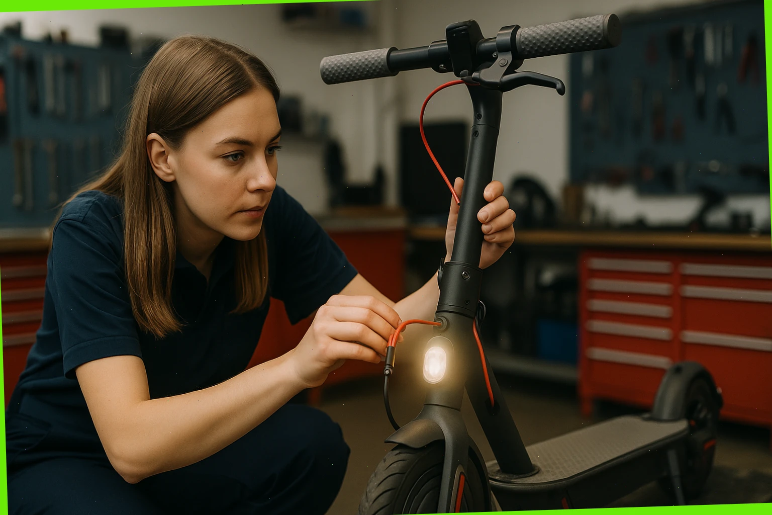 Technician checking brakes and lights on an e-scooter before handover